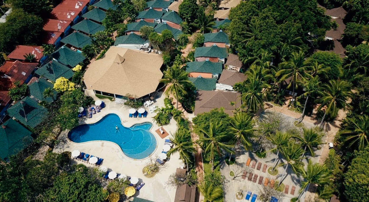 Chaweng Buri Resort from the air, the garden running down to Chaweng Beach