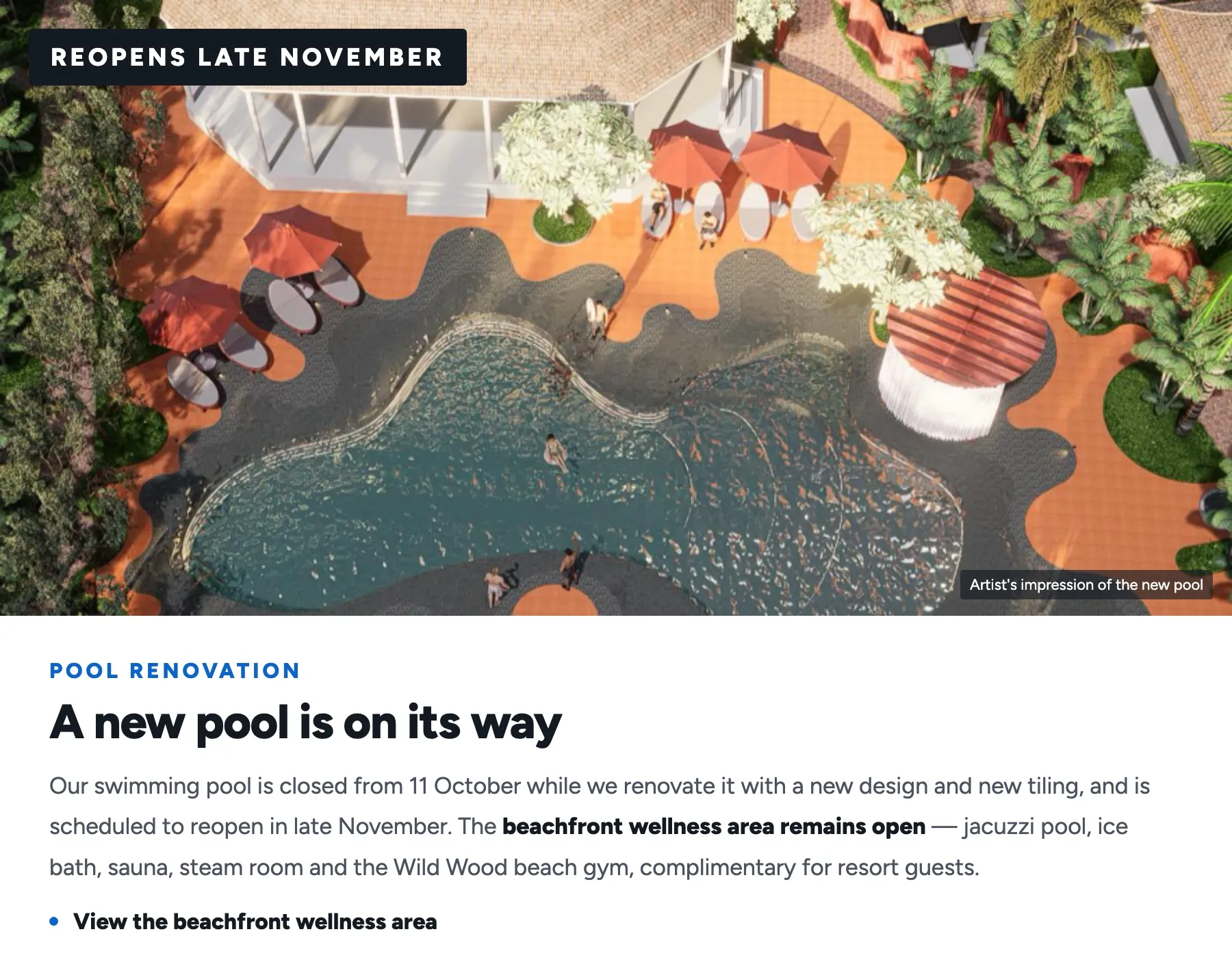 Artist's impression of the new swimming pool at Chaweng Buri Resort. The pool is closed from 11 October for renovation, with a new design and new tiling, and is scheduled to reopen in late November; the beachfront wellness area remains open — jacuzzi pool, ice bath, sauna, steam room and the Wild Wood beach gym, complimentary for resort guests.