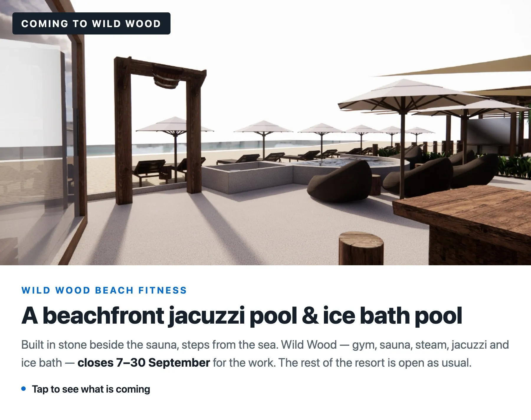 A beachfront jacuzzi pool and ice bath pool are coming to Wild Wood Beach Fitness — closed 7–30 September for building work