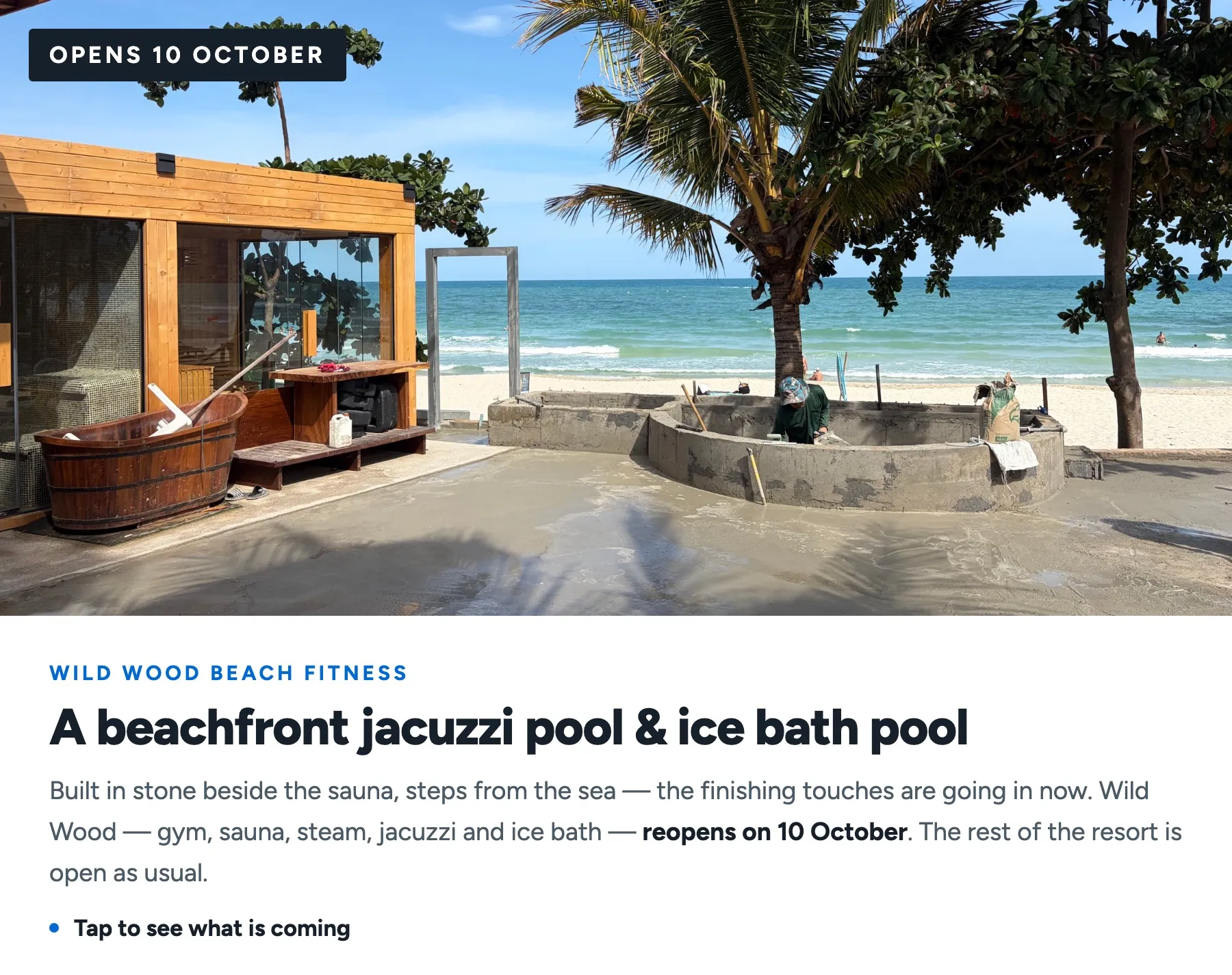 The beachfront jacuzzi pool and ice bath pool at Wild Wood Beach Fitness, nearly finished — Wild Wood reopens on 10 October