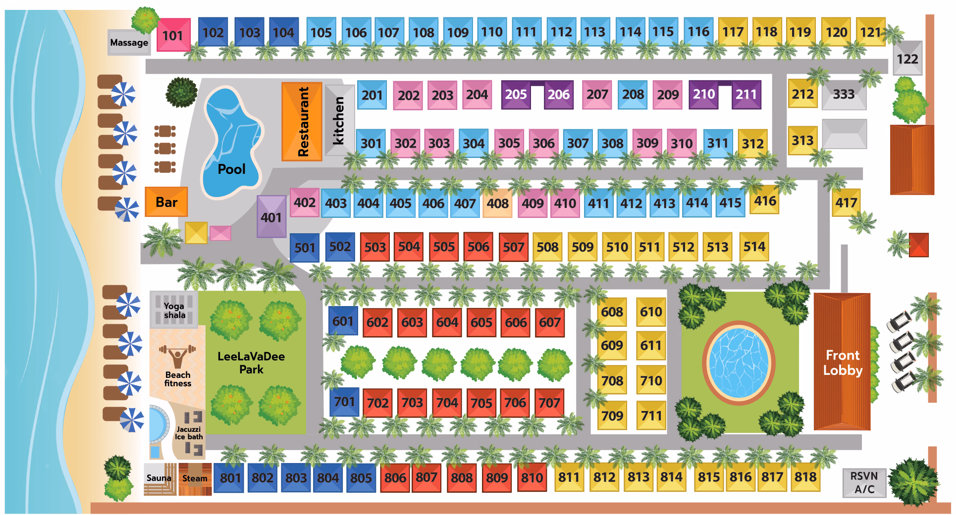 Plan of Chaweng Buri Resort showing all 117 villas between Chaweng Beach and Chaweng Beach Road